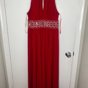 Elegant Red Evening Gown with Beaded Waist